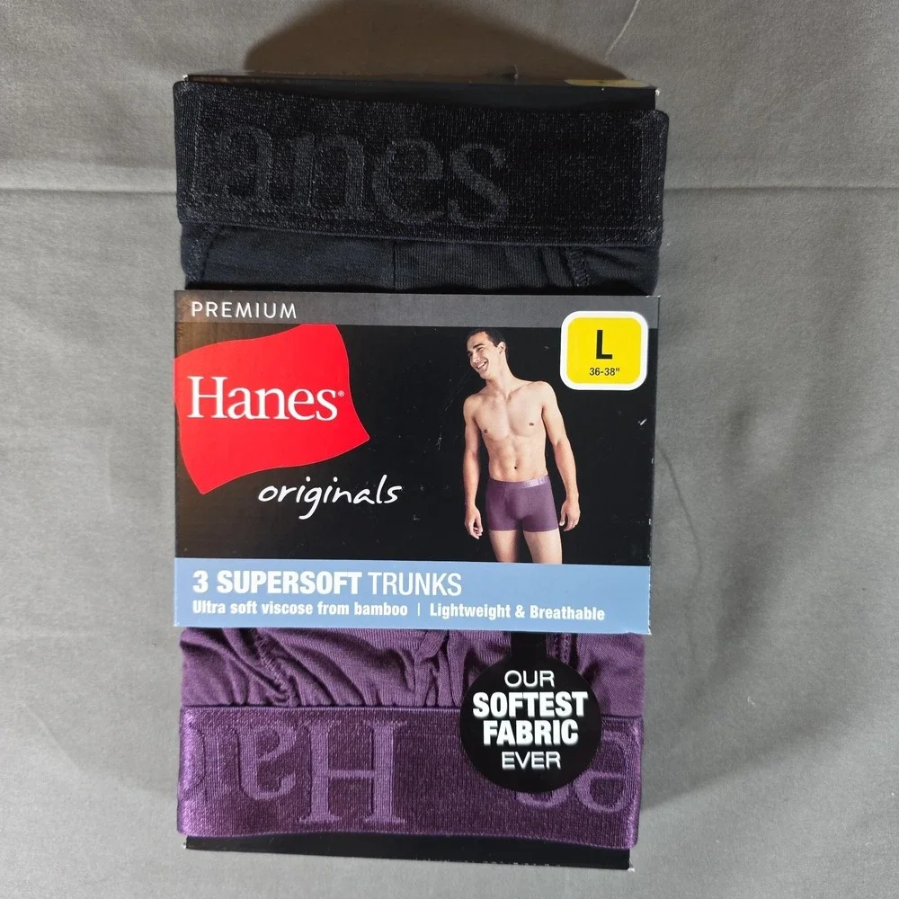 Hanes Originals Premium Supersoft Trunks 3-Pack Mens Medium Black Purple Blue